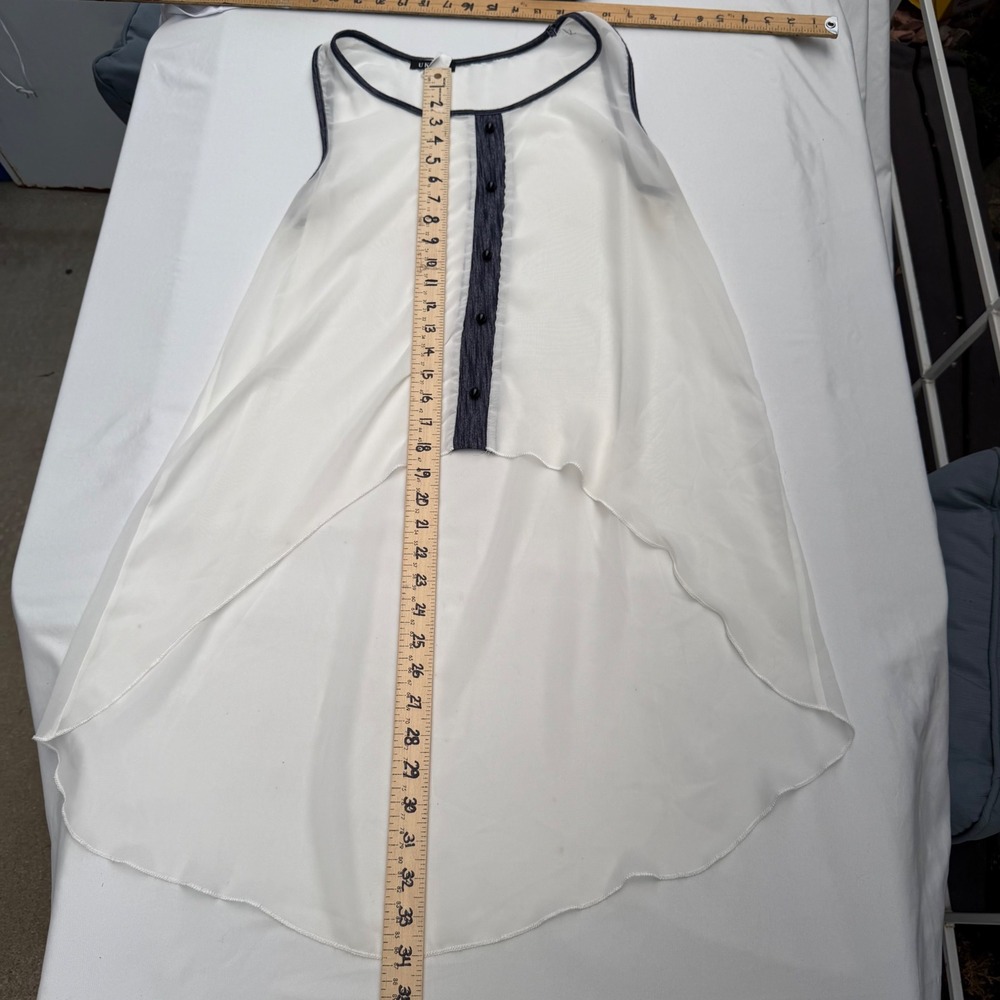 UK2LA Sleeveless High-Low Top Y2K Style Sheer White Navy Trim Boho Festival L - Picture 12 of 12